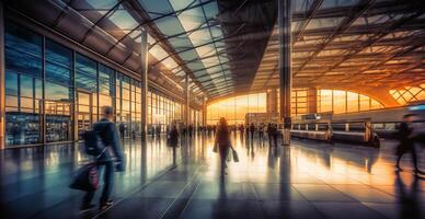 luchthaven gebouw, Internationale terminal, haasten mensen naar land, wazig achtergrond - ai gegenereerd beeld foto