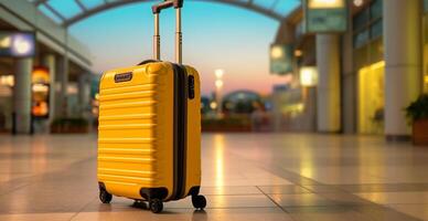 geel koffer, bagage Bij de luchthaven - ai gegenereerd beeld foto