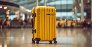 geel koffer, bagage Bij de luchthaven - ai gegenereerd beeld foto
