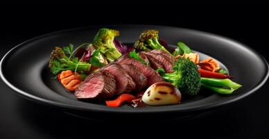 gekookt vers rundvlees met groenten in een zwart bord, gezond aan het eten, donker achtergrond - ai gegenereerd beeld foto