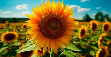 veld- van zonnebloemen in bloeien, heet zonnig zomer, panoramisch helder achtergrond - ai gegenereerd beeld foto