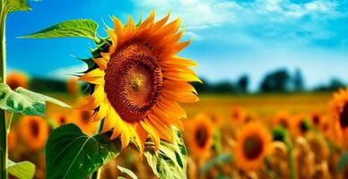 veld- van zonnebloemen in bloeien, heet zonnig zomer, panoramisch helder achtergrond - ai gegenereerd beeld foto