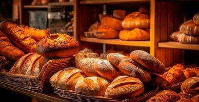 vers gebakken brood Aan bakkerij vitrine, tarwe producten - ai gegenereerd beeld foto