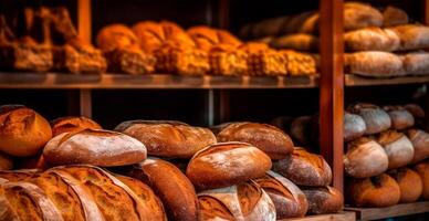 vers gebakken brood Aan bakkerij vitrine, tarwe producten - ai gegenereerd beeld foto