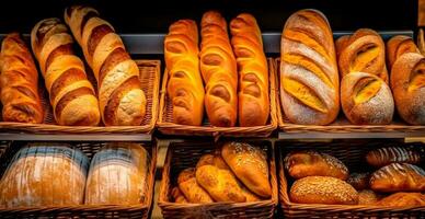 vers gebakken brood Aan bakkerij vitrine, tarwe producten - ai gegenereerd beeld foto