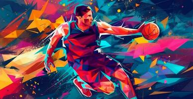 abstract basketbal panoramisch achtergrond, basketbal speler met bal - ai gegenereerd beeld foto