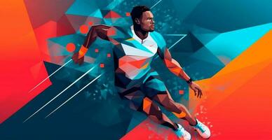 abstract voetbal speler rennen met bal, helder kleur achtergrond - ai gegenereerd beeld foto