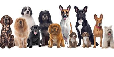 verschillend types en maten van honden groep met kleding. ai gegenereerd. foto
