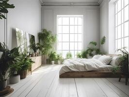 huis slaapkamer versierd met groen planten. ai gegenereerd. foto
