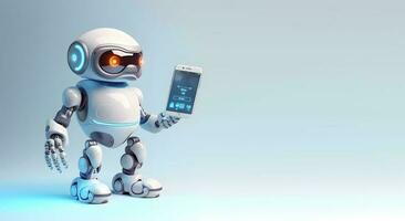 robot Holding smartphone. concept van Chatbot of ai assistent. ai gegenereerd foto