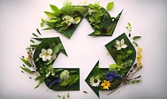 recycling symbool overladen met groen bladeren en bloemen. ai gegenereerd. foto