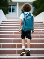 leerling jongen met rugzak Aan manier naar school. concept van terug naar school. ai gegenereerd foto