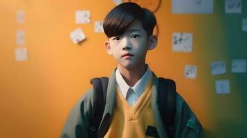 Aziatisch leerling jongen met rugzak. concept van terug naar school. ai gegenereerd foto