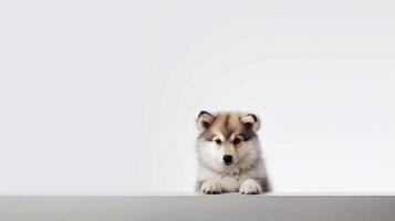 een puppy dat is zittend naar beneden met haar hoofd omhoog Aan wit achtergrond - generatief ai foto