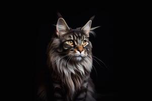 portret van een Maine wasbeer kat Aan een zwart achtergrond. generatief ai foto
