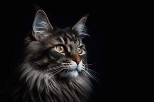 portret van een Maine wasbeer kat Aan een zwart achtergrond. generatief ai foto
