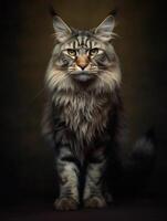 portret van een langharig Maine wasbeer kat Aan donker achtergrond. generatief ai foto