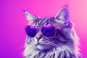 portret van een mooi Maine wasbeer kat vervelend zonnebril Aan een roze achtergrond. generatief ai foto