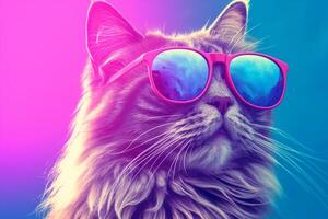 portret van een mooi Maine wasbeer kat vervelend zonnebril Aan een roze achtergrond. generatief ai foto