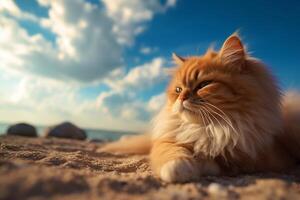 Perzisch kat Aan de strand Bij zonsondergang. pluizig huisdier. generatief ai foto