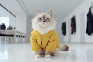 Perzisch kat in geel jasje zittend Aan de verdieping in de kamer. generatief ai foto