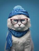 een schattig lappenpop kat vervelend bril Aan blauw achtergrond. generatief ai foto