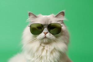 mooi lappenpop kat vervelend groen zonnebril Aan groen achtergrond . generatief ai foto