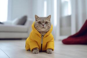 schattig kat in regenjas Aan verdieping Bij huis. herfst seizoen. generatief ai foto