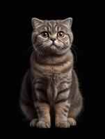 studio portret van mooi Schots vouwen kat, geïsoleerd Aan zwart achtergrond. generatief ai foto