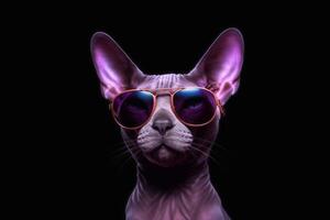 portret van een sphynx kat vervelend zonnebril Aan zwart achtergrond. generatief ai foto