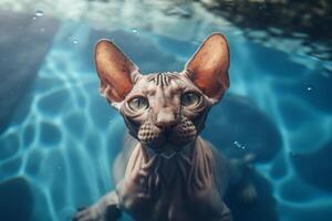 portret van een sphynx kat in een zwemmen zwembad. generatief ai foto