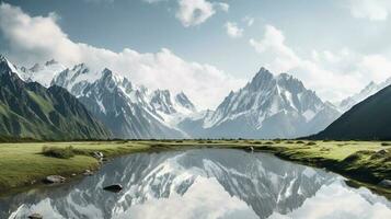 berg landschap met een stroom in de voorgrond en reflectie van de bergen voor achtergrond. generatief ai foto