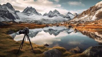 berg landschap met een stroom in de voorgrond en reflectie van de bergen voor achtergrond. generatief ai foto