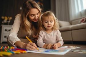 moeder en dochter aan het doen huiswerk samen. ai generatief foto