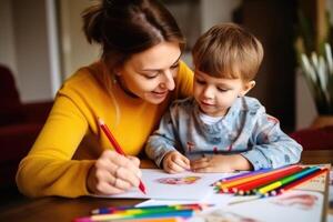 moeder en zoon aan het doen huiswerk samen. ai generatief foto