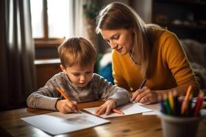 moeder en zoon aan het doen huiswerk samen. ai generatief foto