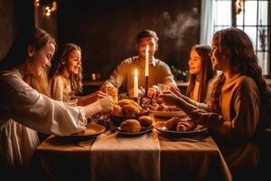 familie bidden voordat avondeten in dankzegging diner. ai gegenereerd foto