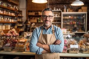 portret van zelfverzekerd chocolatier zakenman staand in haar winkel armen gekruiste op zoek naar camera. ai generatief foto