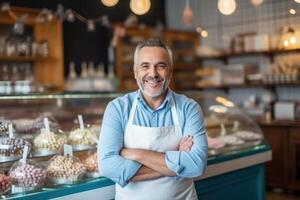 portret van zelfverzekerd chocolatier zakenman staand in haar winkel armen gekruiste op zoek naar camera. ai generatief foto