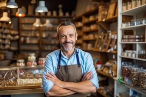 portret van zelfverzekerd chocolatier zakenman staand in haar winkel armen gekruiste op zoek naar camera. ai generatief foto