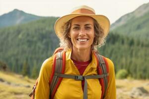 portret van vrouw met rugzak genieten van hiking. ai generatief foto