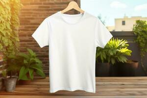 wit t-shirt mockup Aan hanger buitenshuis, ai generatief foto