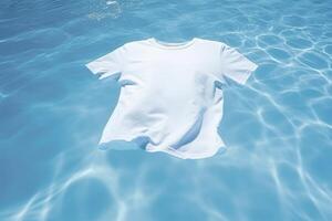 wit t-shirt mockup floatinf Aan water oppervlak, ai generatief foto