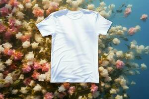 wit t-shirt mockup floatinf Aan water oppervlak, ai generatief foto