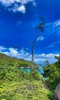 panoramisch visie van anse majoor natuur pad, visie van anse majoor natuur pad, oceaan visie, weelderig nationaal park met graniet rotsen, turkoois oceaan en aanmeren jacht mahe Seychellen foto