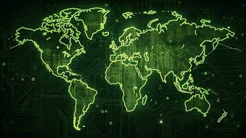 wereld kaart groen pcb structuur achtergrond. generatief ai. foto