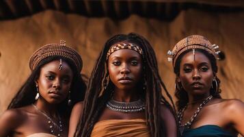 portret van drie Afrikaanse Dames met vlechtjes op zoek Bij camera. generatief ai. foto