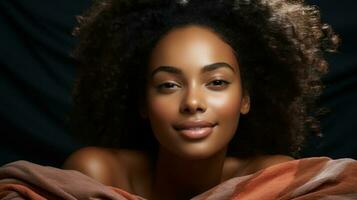 mooi Afrikaanse Amerikaans vrouw met afro kapsel en plaid. generatief ai. foto