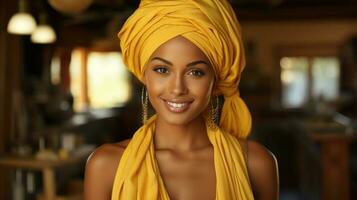 mooi Afrikaanse Amerikaans vrouw in geel tulband Bij huis. generatief ai. foto