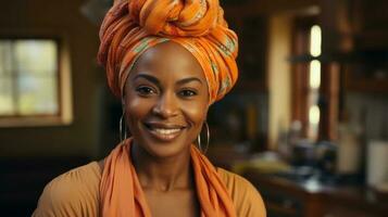 portret van mooi midden volwassen Afrikaanse Amerikaans vrouw met oranje hoofddoek. generatief ai. foto